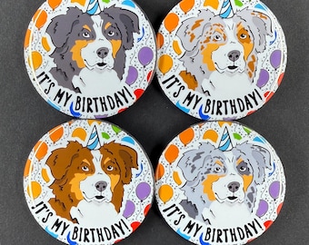Australian Shepherd Dog Birthday Portrait Gift & Accessory - Handmade Magnet, Pinback Button, Bottle Opener, Keychain or Mini Ornament