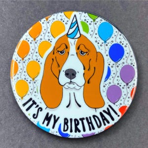 Basset Hound Dog Birthday Pet Portrait Art Gifts & Accessories - Handmade Magnet, Pinback Button, Bottle Opener, Keychain or Mini Ornament