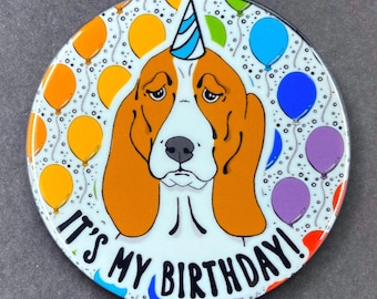 Basset Hound Dog Birthday Pet Portrait Art Gifts & Accessories - Handmade Magnet, Pinback Button, Bottle Opener, Keychain or Mini Ornament
