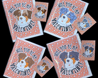 Australian Shepherd Valentine's Day Gift, Handmade Holiday Dog Greeting Card & Magnet Set, Cute Dog Valentine, Retro Pet Portrait Decor Gift