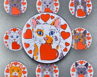 Cat Heart Valentines Day Gift & Accessories - Handmade Magnet, Pinback Button, Bottle Opener, Keychain or Mini Ornament