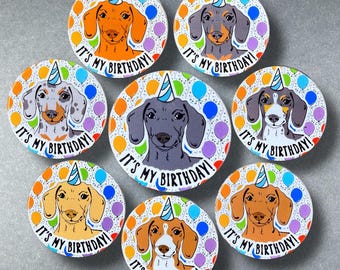 Dachshund Wiener Dog Birthday Portrait Gift & Accessory - Handmade Magnet, Pinback Button, Bottle Opener, Keychain or Mini Ornament