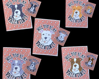 Pit Bull Valentine's Day Gift, Handmade Holiday Dog Greeting Card & Magnet Set, Cute Dog Valentine, Retro Pet Portrait Decor Gift