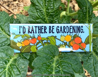 I'd Rather Be Gardening Magnet, Retro Cherry Tomato Art, Gift for Gardeners & Plant Lovers, 1.5x4.5" High Quality Handmade Magnet