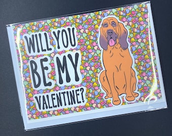 Bloodhound Dog Valentines Day Card, Holiday Pet Portrait Greeting Card, Handmade 5x7" Card with Envelope (Set or Single Card Available)