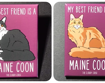 Maine Coon Cat Magnet, Retro Kitty Kitchen & Office Decor, Cartoon Pet Portrait Mini Art Gift, 2x3" High Quality Handmade Magnet