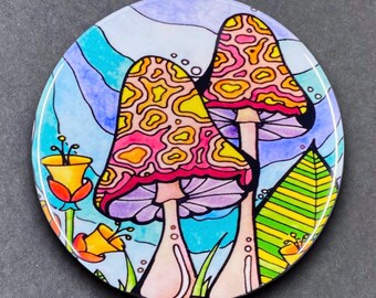 Psychedelic Mushroom Pinback Button, Whimsical Nature Art Gift, Fantasy Mushroom Purse & Backpack Collectible Accessories, 2.25 or 3.5"