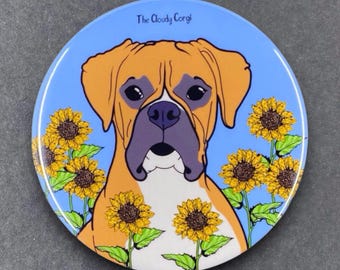 Boxer Sunflower Pet Portrait Handmade Gift & Accessory - Magnet, Pinback Button, Bottle Opener, Keychain, Mini Ornament