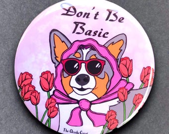 Tricolor Corgi Tulip Flower Pet Portrait Art Gifts & Accessories - Handmade Magnet, Pinback Button, Bottle Opener, Keychain or Mini Ornament