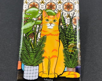 Orange Cat and House Plants Retro Themed Magnet - Handmade Kitty Gifts, Kitchen Accessories and Home Decor