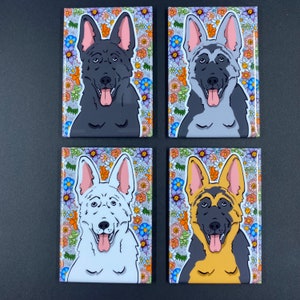 Retro German Shepherd Dog Magnet, Mothers Day Dog Mom Gift, Flower Power Dog Decor, Cartoon Pet Portrait Art, 2x3" Handmade Fridge Magnet