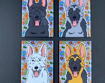Retro German Shepherd Dog Magnet, Mothers Day Dog Mom Gift, Flower Power Dog Decor, Cartoon Pet Portrait Art, 2x3" Handmade Fridge Magnet