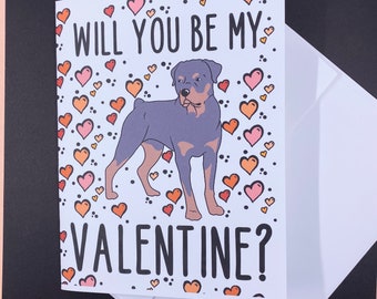 Rottweiler Dog Valentine's Day Card - Will You Be My Valentine? Cartoon Art Note Card for All Ages - Holiday Stationery Set or Single Card