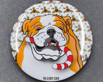 English Bulldog Dog Handmade Candy Cane Pet Portrait Gift & Accessories - Magnet, Pinback Button, Bottle Opener, Keychain or Mini Ornament
