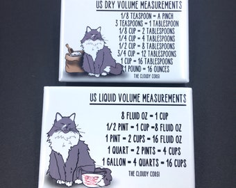 Maine Coon Cat Measuring Chart Magnet Set, Baking & Cooking Conversion Table Magnet, Retro Kitchen Decor, Set of 2 (2x3") Handmade Magnets