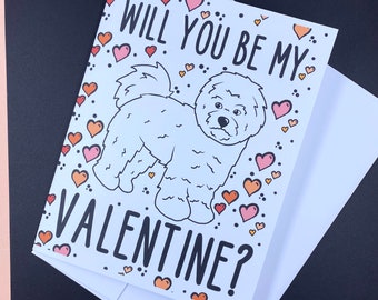 Bichon Frise Valentine's Day Card - Will You Be My Valentine? Puppy Love Note Card - Holiday Stationery Set or Single Card