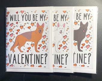 German Shepherd Valentines Day Card - Will You Be My Valentine GSD Note Card - Holiday Dog Stationery Set / Single Card - 3 Colors Available