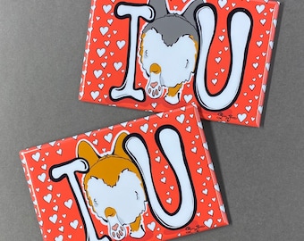 Corgi Love Magnet, Valentine's Day Dog Art Gift, Retro Holiday Kitchen & Office Decor 2x3" High Quality Handmade Magnet - 2 Colors