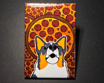 Tricolor Corgi Portrait Pizza Magnet, Funny Dog Refrigerator Magnet, Retro Kitchen Decor, Cartoon Pet Art Print Gift, 2x3" Handmade Magnet