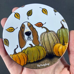 Basset Hound Dog Handmade Pumpkin Pet Portrait Art Gift & Accessories - Magnet, Pinback Button, Bottle Opener, Keychain or Mini Ornament