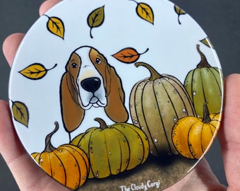 Basset Hound Dog Handmade Pumpkin Pet Portrait Art Gift & Accessories - Magnet, Pinback Button, Bottle Opener, Keychain or Mini Ornament