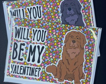 Newfoundland Dog Valentines Day Card, Holiday Pet Portrait Greeting Card, Handmade 5x7" Card with Envelope (Set or Single Card)