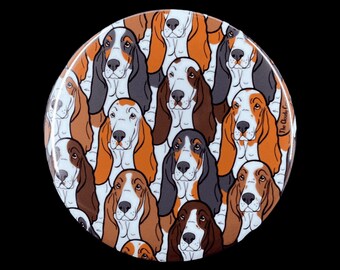 Multicolor Basset Hound Dog Handmade Pet Portrait Art Gift & Accessories - Magnet, Pinback Button, Bottle Opener, Keychain or Mini Ornament