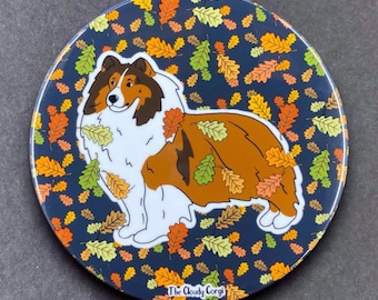 Shetland Sheepdog Sheltie Dog Falling Leaves Handmade Gift & Accessory - Magnet, Pinback Button, Bottle Opener, Keychain, or Mini Ornament