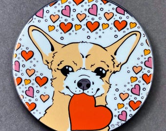 Chihuahua Dog Valentine's Day Hearts Art Gift & Accessories - Handmade Magnet, Pinback Button, Bottle Opener, Keychain or Mini Ornament