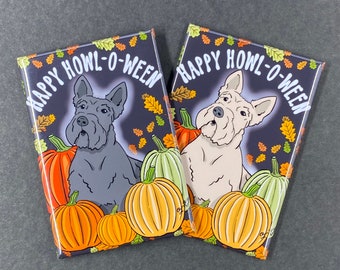 Scottish Terrier Halloween Magnet, Holiday Dog Kitchen Office Decor, Retro Pet Portrait Pumpkin Patch Art, 2x3" Handmade - Black or Wheaten