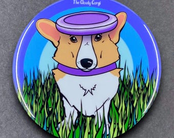 Corgi Disc Golf Pet Portrait Handmade Gift & Accessories - Magnet, Pinback Button, Bottle Opener, Keychain, or Mini Ornament