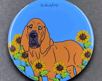 Bloodhound Dog Sunflower Pet Portrait Gifts & Accessories - Handmade Magnet, Pinback Button, Bottle Opener, Keychain or Mini Ornament