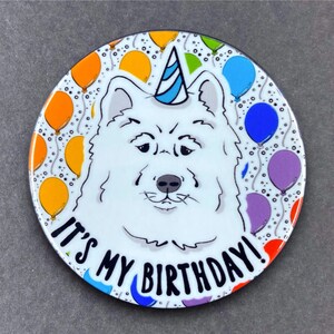 Samoyed Eskimo Dog Birthday Portrait Art Gift & Accessory - Handmade Magnet, Pinback Button, Bottle Opener, Keychain or Mini Ornament