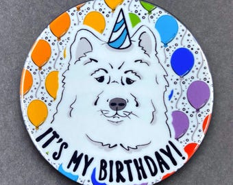 Samoyed Eskimo Dog Birthday Portrait Art Gift & Accessory - Handmade Magnet, Pinback Button, Bottle Opener, Keychain or Mini Ornament
