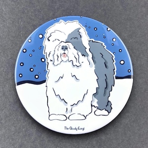 Old English Sheepdog Snowy Christmas Pet Portrait Handmade Gift & Accessory - Magnet, Pinback Button, Bottle Opener, Keychain, Mini Ornament