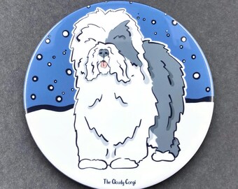 Old English Sheepdog Snowy Christmas Pet Portrait Handmade Gift & Accessory - Magnet, Pinback Button, Bottle Opener, Keychain, Mini Ornament