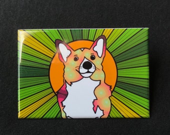 Welsh Corgi Magnet, Psychedelic Dog Portrait Art, Rainbow Dog Magnet, Retro Kitchen Decor, Groovy Gifts, 2x3" High Quality Handmade Magnet