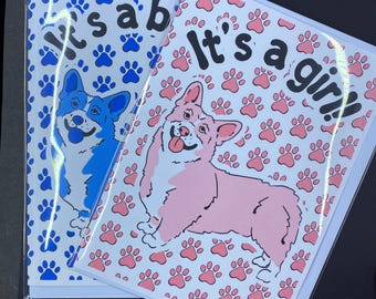 Corgi Baby Card, Baby Shower Gift, Newborn Announcement Greeting Card,  Handmade Blank Note Card, It's a Boy or It's a Girl Available