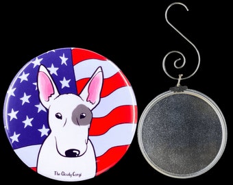 Bull Terrier USA Flag Ornament - Patriotic American Dog Collectible Holiday Decor - Bull Terrier Pet Portrait Stocking Stuffer Gift