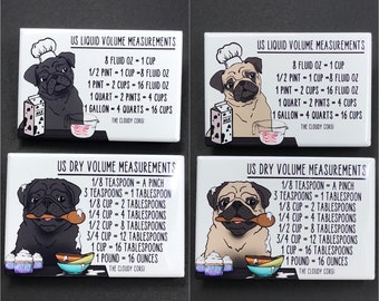 Pug Dog Kitchen Measuring Chart Magnet Set, Baking and Cooking Conversion Table Magnets, Set of 2 (2x3") Handmade Fridge Magnets