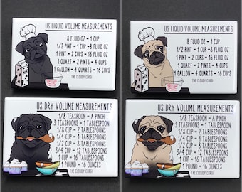 Pug Dog Kitchen Measuring Chart Magnet Set, Baking and Cooking Conversion Table Magnets, Set of 2 (2x3") Handmade Fridge Magnets