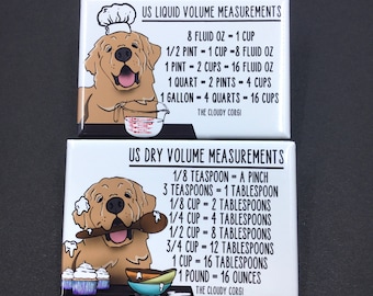 Golden Retriever Dog Kitchen Measuring Chart Magnet Set, Baking and Cooking Conversion Magnets, Set of 2 (2x3") Handmade Fridge Magnets