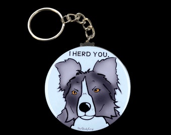 Border Collie Dog Keychain, Funny Pet Portrait Art Gift, Herding Dog Key Ring Accessories, Handmade Button Style Key Chain with 2.25" Art