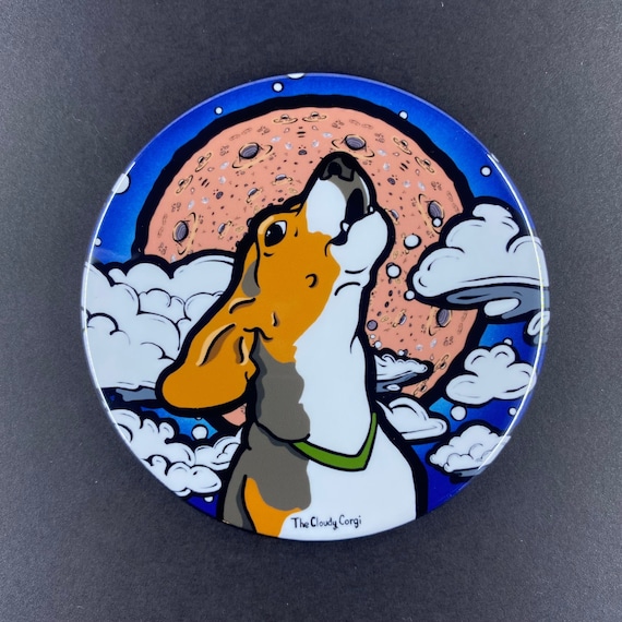 Beagle Dog Full Moon Handmade Pet Portrait Art Gifts & Accessories - Magnet, Pinback Button, Bottle Opener, Keychain or Mini Ornament