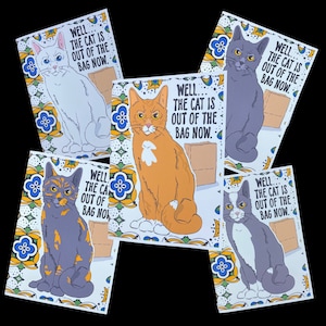Cat is Out of the Bag Greeting Card, Funny Retro Pet Portrait Art Gift, Psychedelic Cat Stationery, 5x7&quot; Handmade Card + Self Seal Envelope