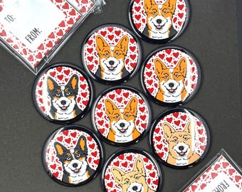 Welsh Corgi Dog Valentine's Day Party Favors & Gifts with Matching Tags - Handmade Magnet, Pin, Bottle Opener, Keychain or Mini Ornament