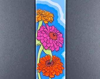 Retro Zinnia Magnet, Psychedelic Flower Kitchen & Office Decor, Gifts for Gardeners and Plant Lovers, 1.5x4.5" Handmade Fridge Magnet