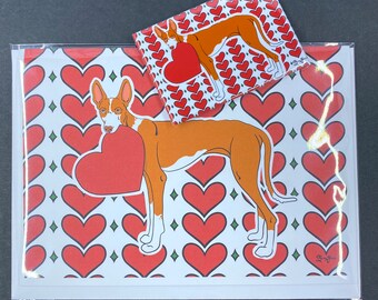Ibizian Hound Valentine's Day Gift, Handmade Holiday Greeting Card & Magnet Set, Dog Valentine, Retro Pet Portrait Decor Gift