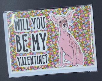 Chinese Crested Dog Valentines Day Card, Holiday Pet Portrait Greeting Card, Handmade 5x7" Card with Envelope (Set or Single Card Available)