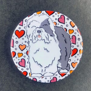 Old English Sheepdog Valentine's Day Pet Portrait Handmade Gift & Accessory - Magnet, Pinback Button, Bottle Opener, Keychain, Mini Ornament